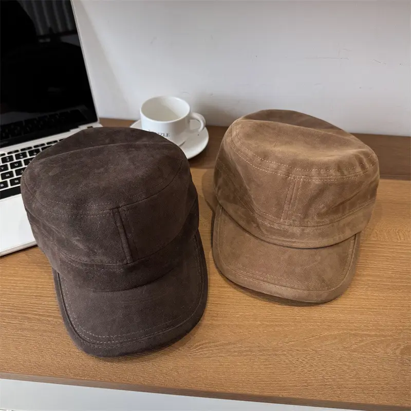 Women Sun Hat Brown Suede Flat Top Autumn Winter - Image 8