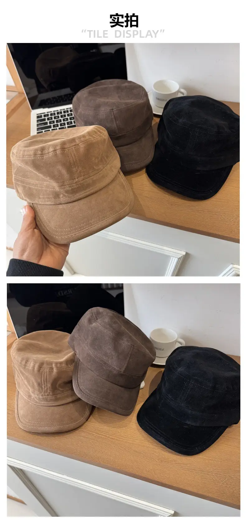 Women Sun Hat Brown Suede Flat Top Autumn Winter — feature 2