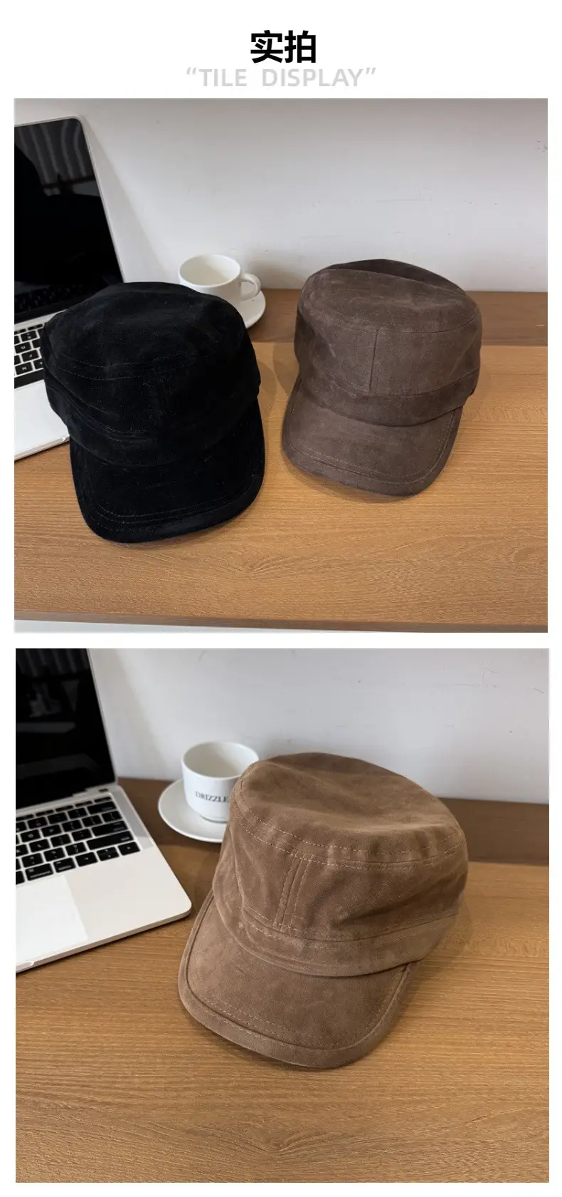 Women Sun Hat Brown Suede Flat Top Autumn Winter — feature 5