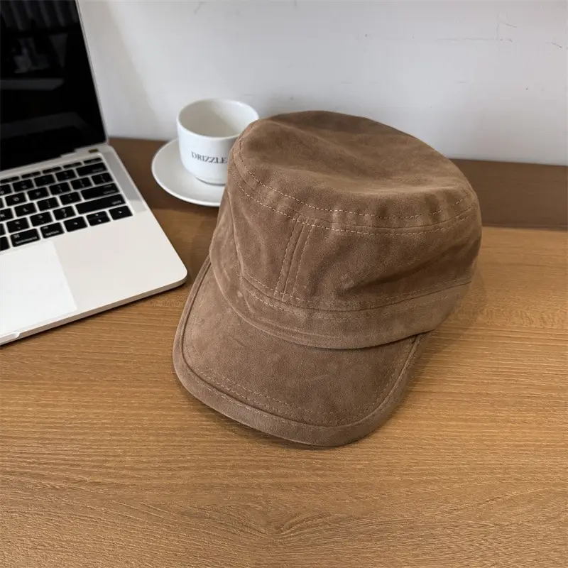 Women Sun Hat Brown Suede Flat Top Autumn Winter - Image 2
