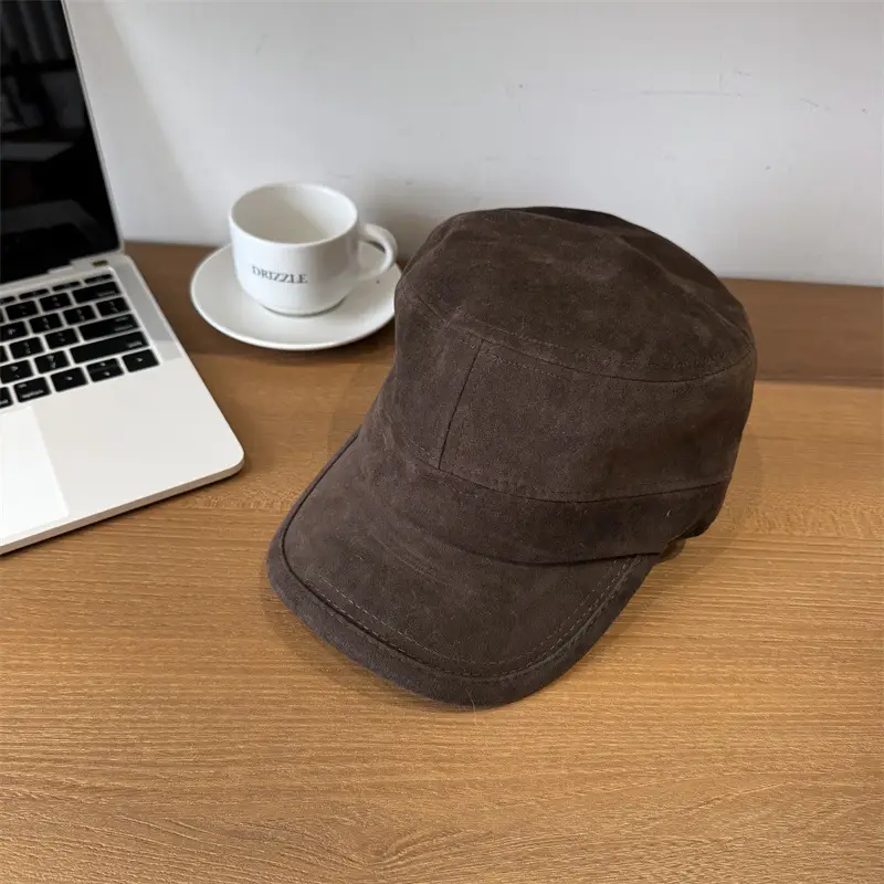 Women Sun Hat Brown Suede Flat Top Autumn Winter - Image 3