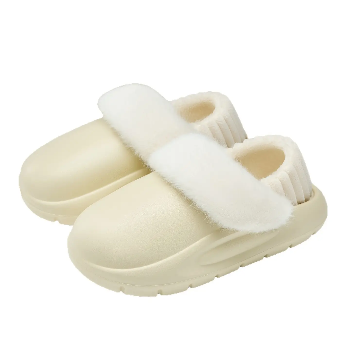 Women Winter Removable Fur Slippers Cream Non-Slip