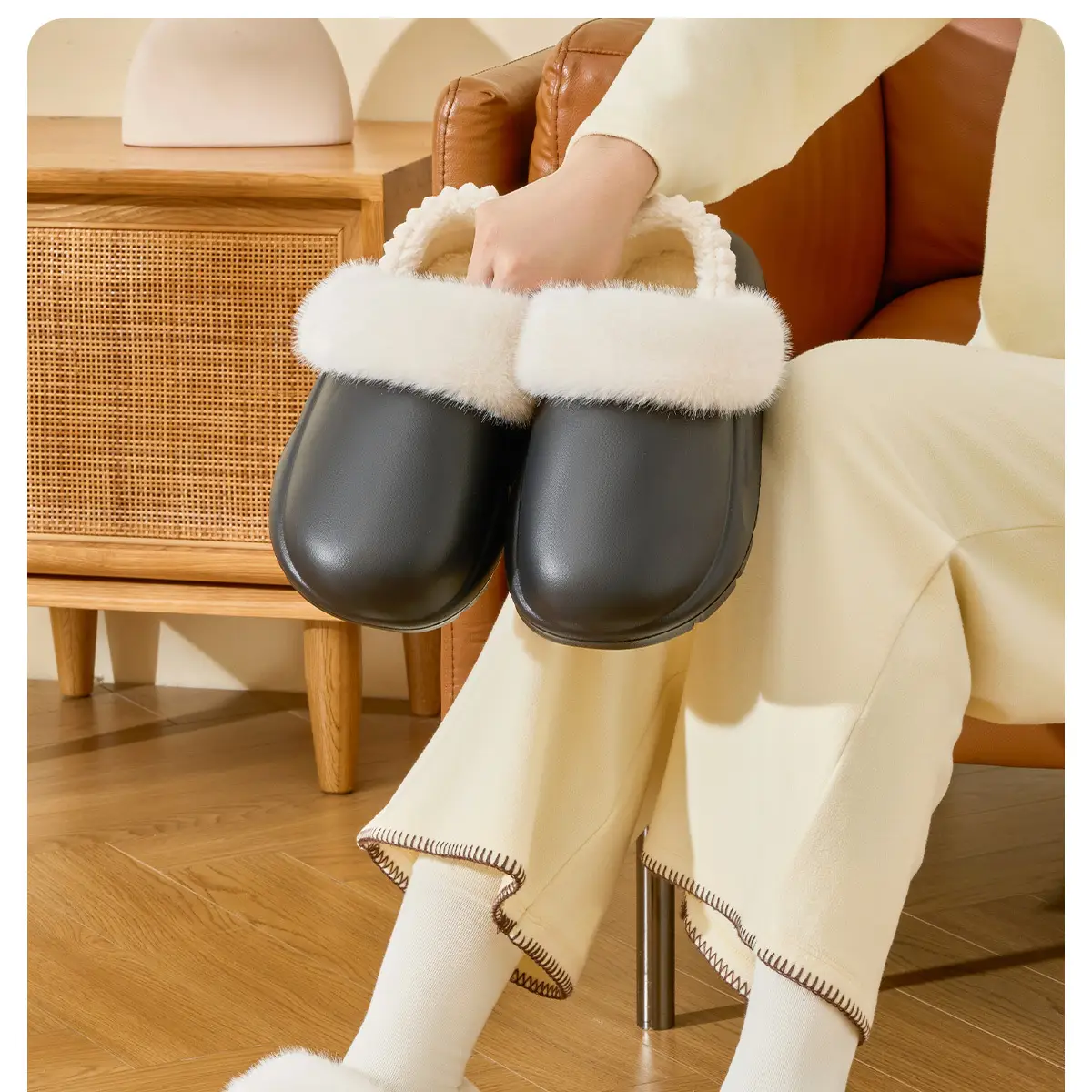 Women Winter Removable Fur Slippers Cream Non-Slip — feature 15