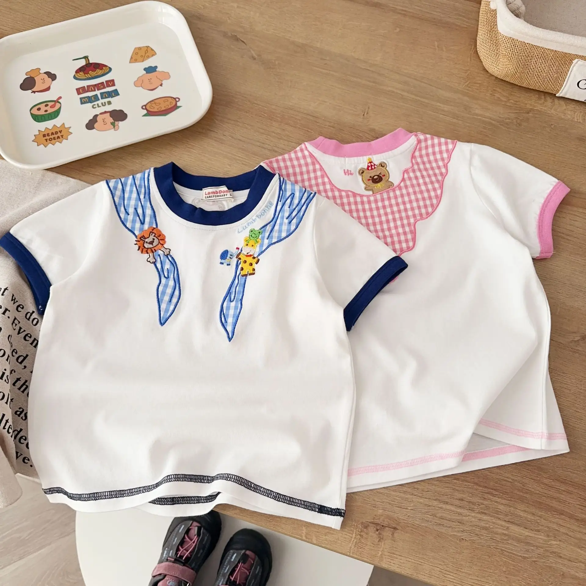 Boys' Cartoon Embroidered T-Shirt White Pink