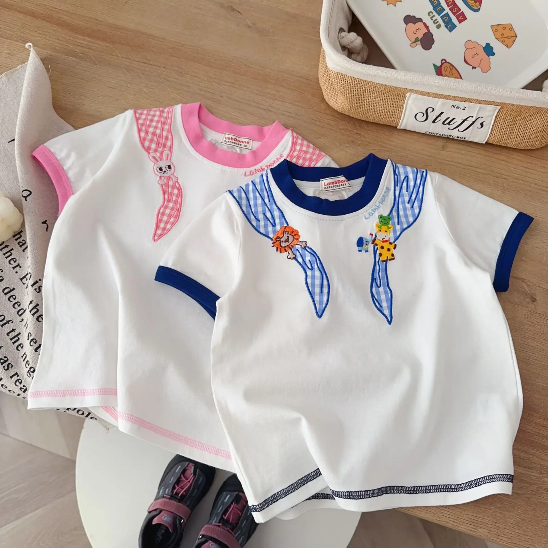 Boys' Cartoon Embroidered T-Shirt White Pink — feature 11