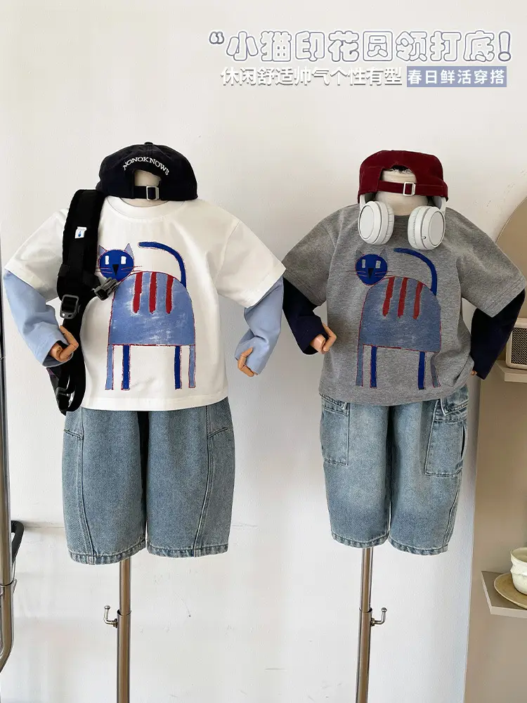 Cute Cat Print 2-Piece T-Shirt for Boys Winter - Image 3