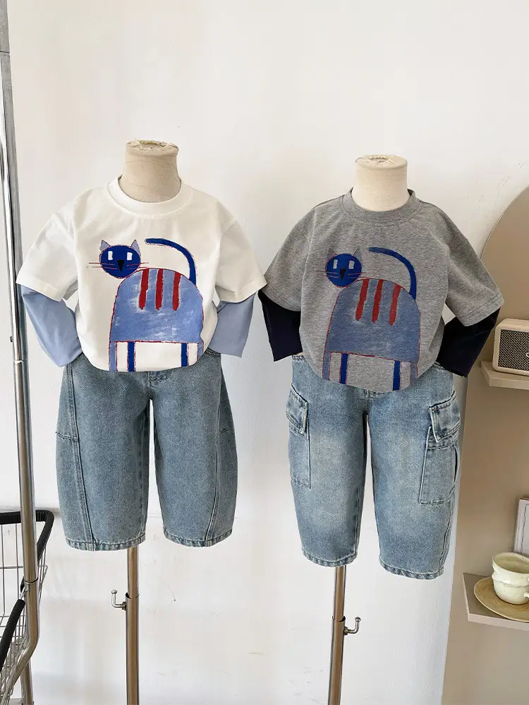 Cute Cat Print 2-Piece T-Shirt for Boys Winter - Image 5