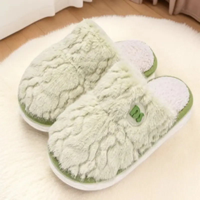 Women Winter Plush Cotton Slippers White Green - Image 4