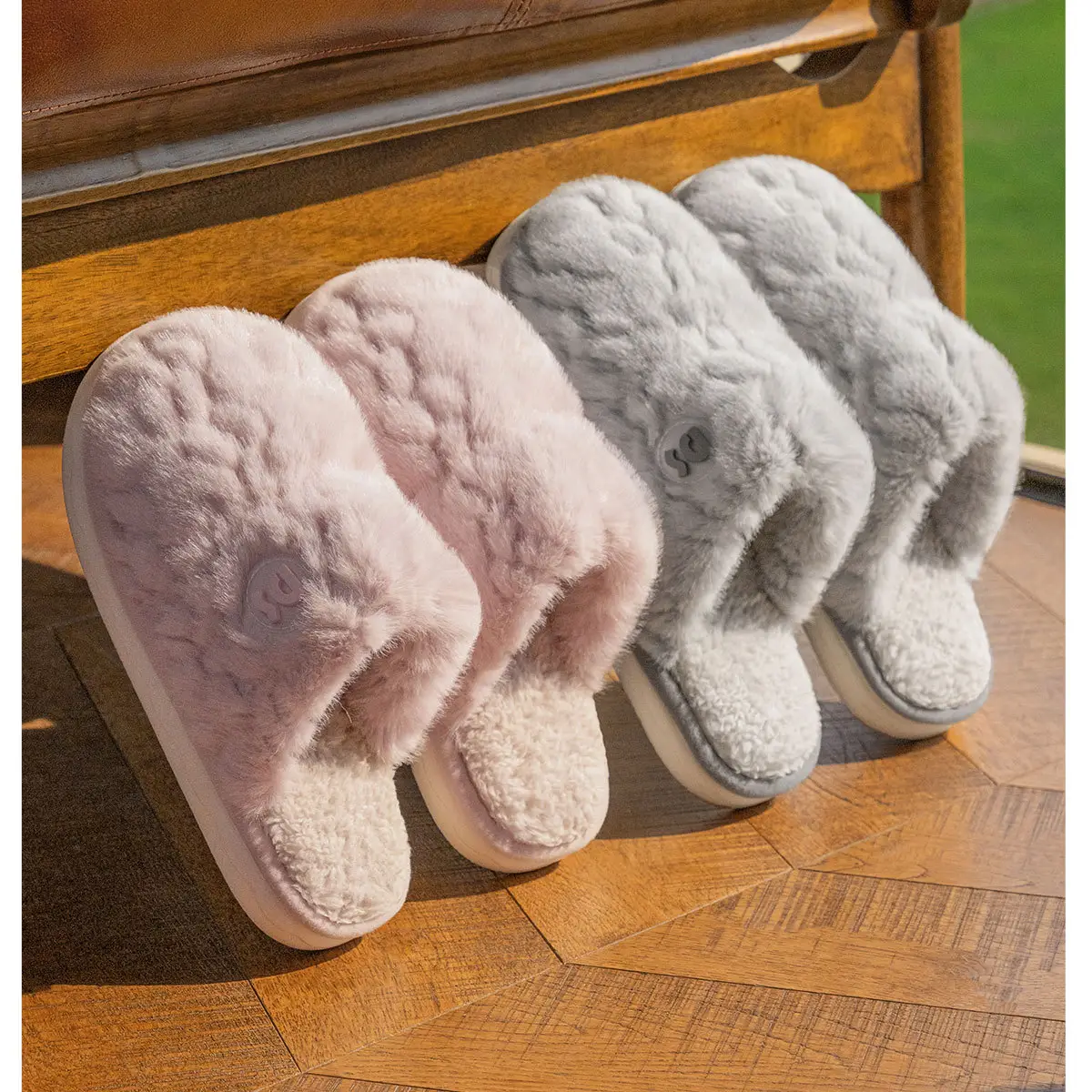 Women Winter Plush Cotton Slippers White Green — feature 17