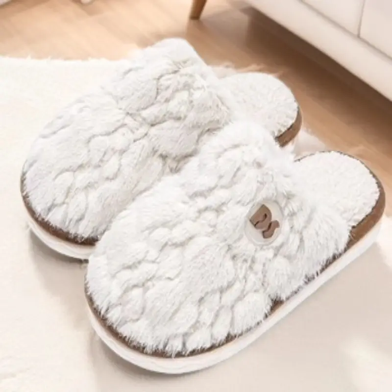Women Winter Plush Cotton Slippers White Green - Image 3