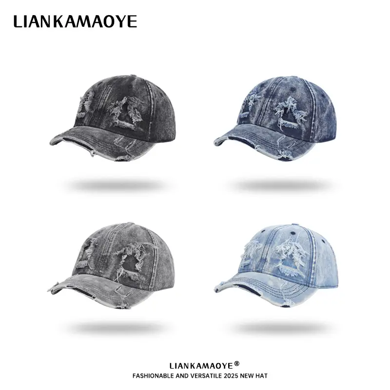 Gray Distressed Cotton Baseball Cap for Men - Image 5