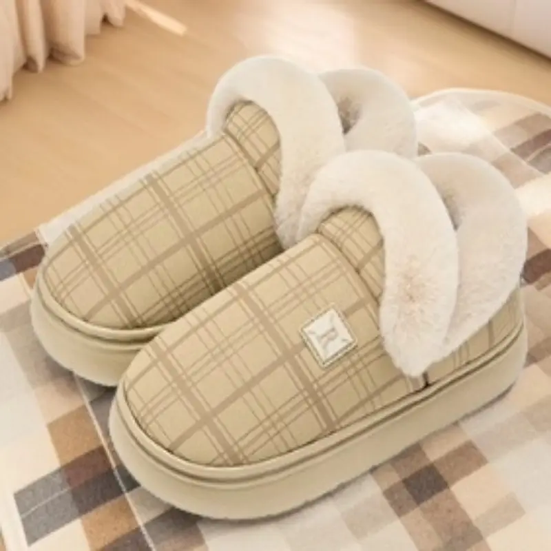 Women Winter Plaid Wool Slippers Tan Non-Slip - Image 4