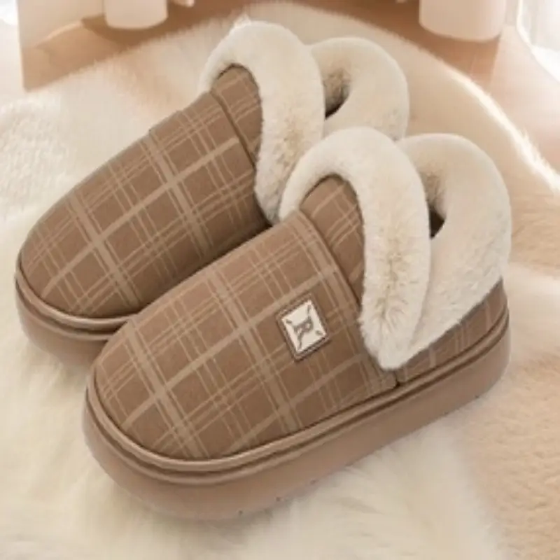 Women Winter Plaid Wool Slippers Tan Non-Slip - Image 5