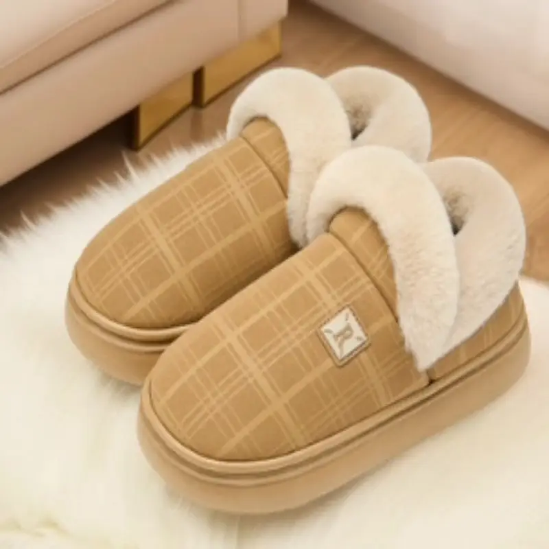 Women Winter Plaid Wool Slippers Tan Non-Slip - Image 2