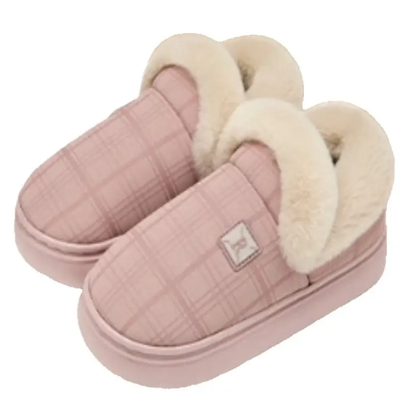 Women Winter Plaid Wool Slippers Tan Non-Slip - Image 6
