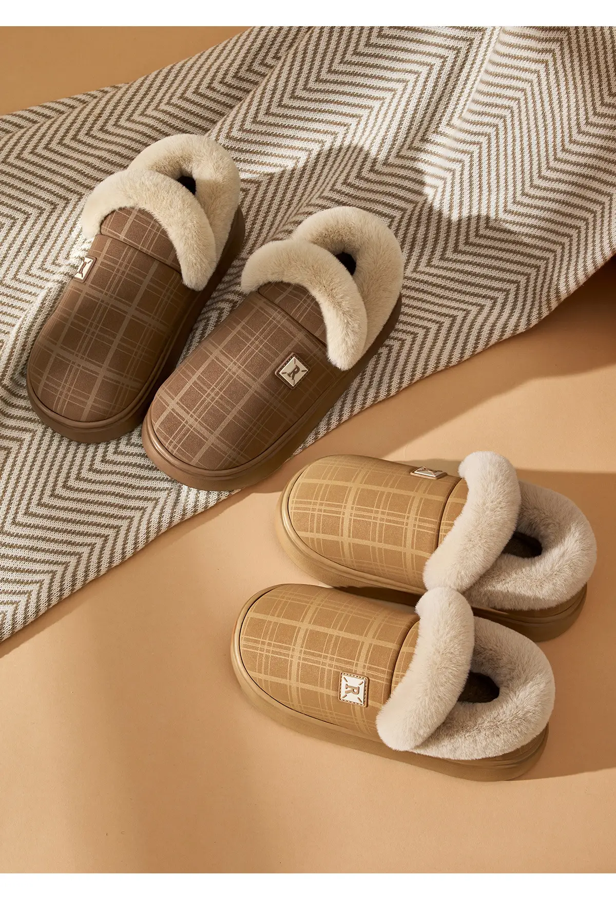 Women Winter Plaid Wool Slippers Tan Non-Slip — feature 12