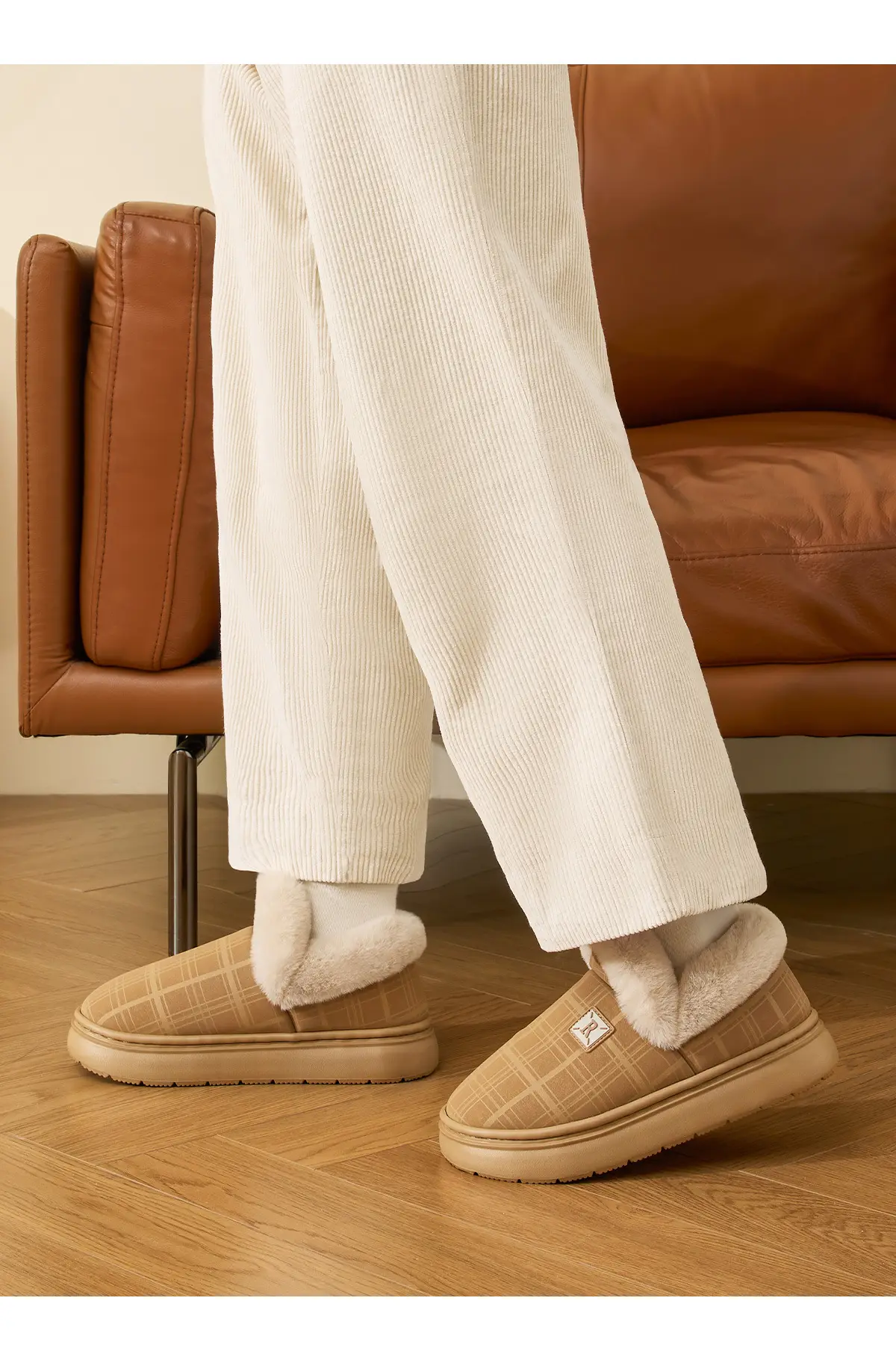 Women Winter Plaid Wool Slippers Tan Non-Slip — feature 13