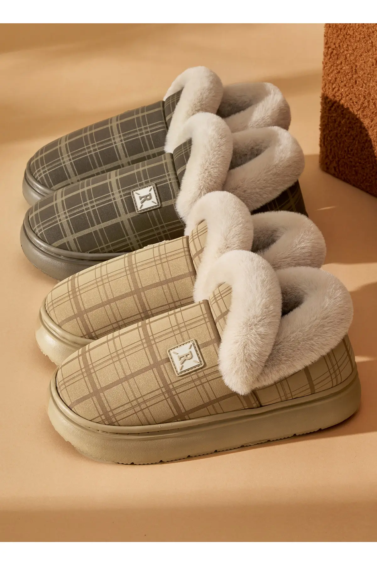 Women Winter Plaid Wool Slippers Tan Non-Slip — feature 14