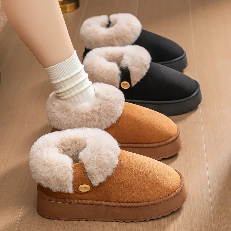 Women's Thick-Soled Bag-Heeled Cotton Shoes for Winter Home Non-Slip Warm Fleece-Lined Thickeneded Outer Wear Plush Snow Cotton Slippers - Image 4