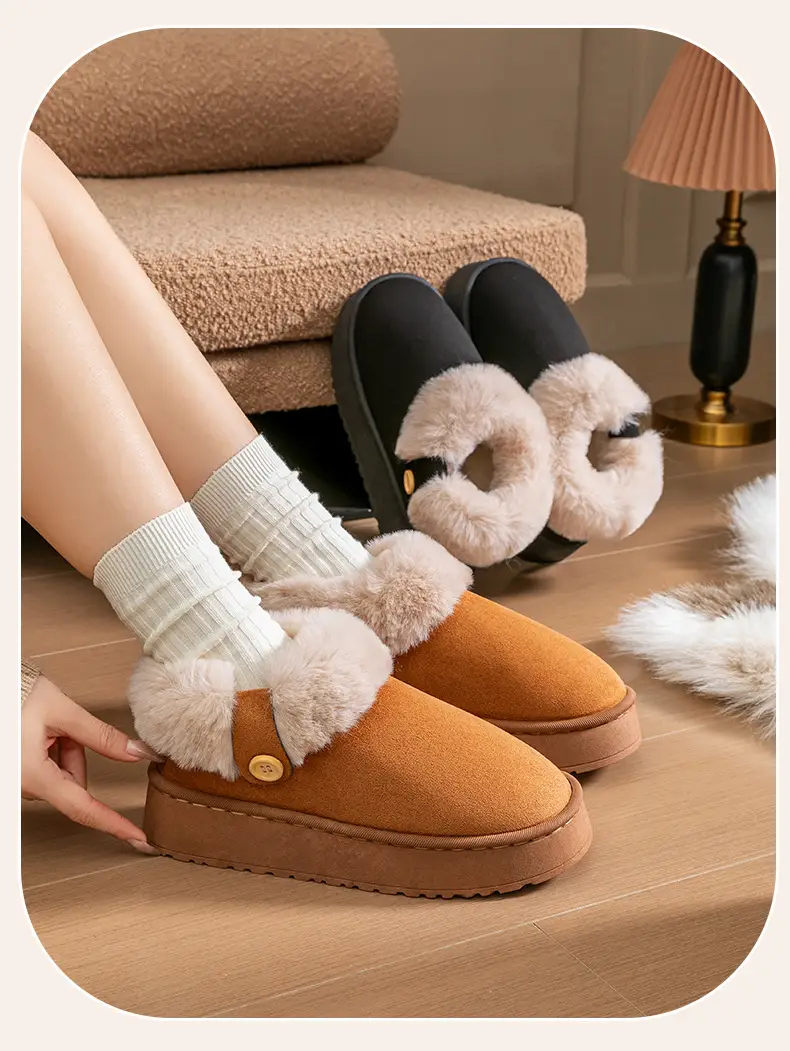 Women's Thick-Soled Bag-Heeled Cotton Shoes for Winter Home Non-Slip Warm Fleece-Lined Thickeneded Outer Wear Plush Snow Cotton Slippers — feature 12