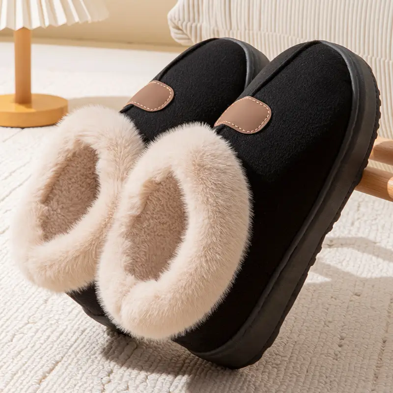 Women's Black Plush High-Top Slippers Winter - Image 2