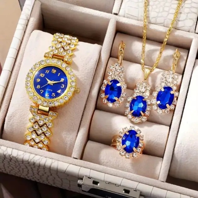 Trendy European and American Ins Cross-Border Popular Women's Watch with Rhinestone Accessories, Hot-Selling Colorful Diamond Quartz Watch for Women, Exquisite Set