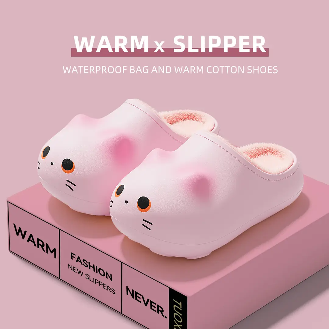 Cute Cat Waterproof Cotton Slippers for Women in Autumn and Winter Thick-Soled Non-Slip Fleece-Lined Warm Home Bag Heel Cotton Slippers for Couples - Image 9