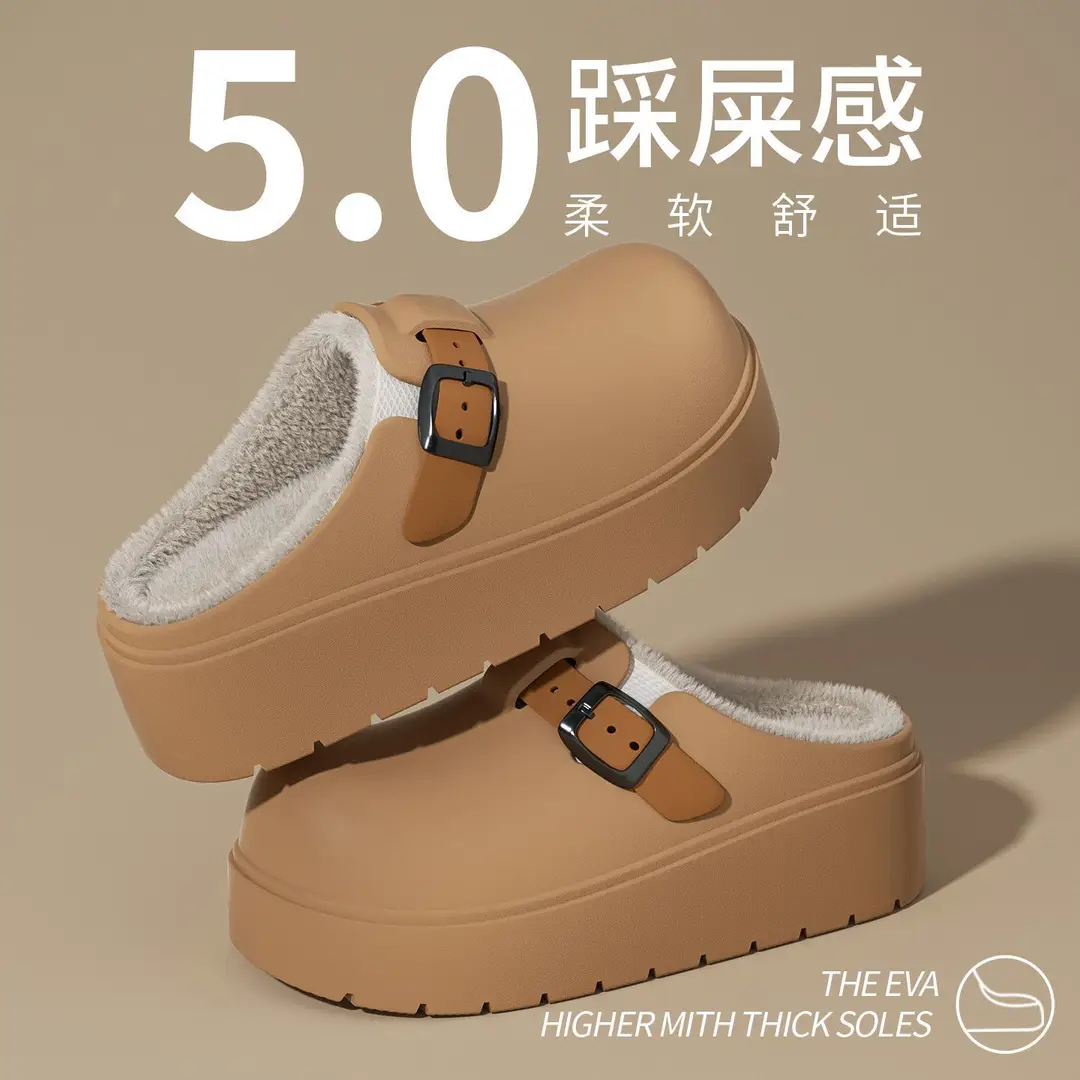 Thick-Soled Birkenstock Outer Cotton Slippers for Women in Autumn and Winter Indoor Home Warm Baotou Cotton Slippers Increased Non-Slip Waterproof Slippers - Image 4