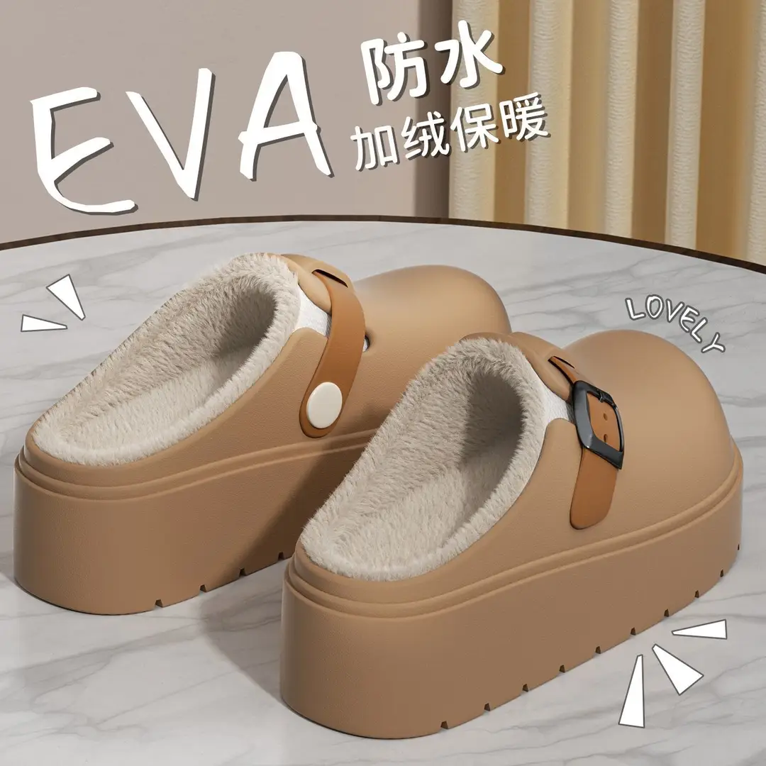 Thick-Soled Birkenstock Outer Cotton Slippers for Women in Autumn and Winter Indoor Home Warm Baotou Cotton Slippers Increased Non-Slip Waterproof Slippers - Image 5
