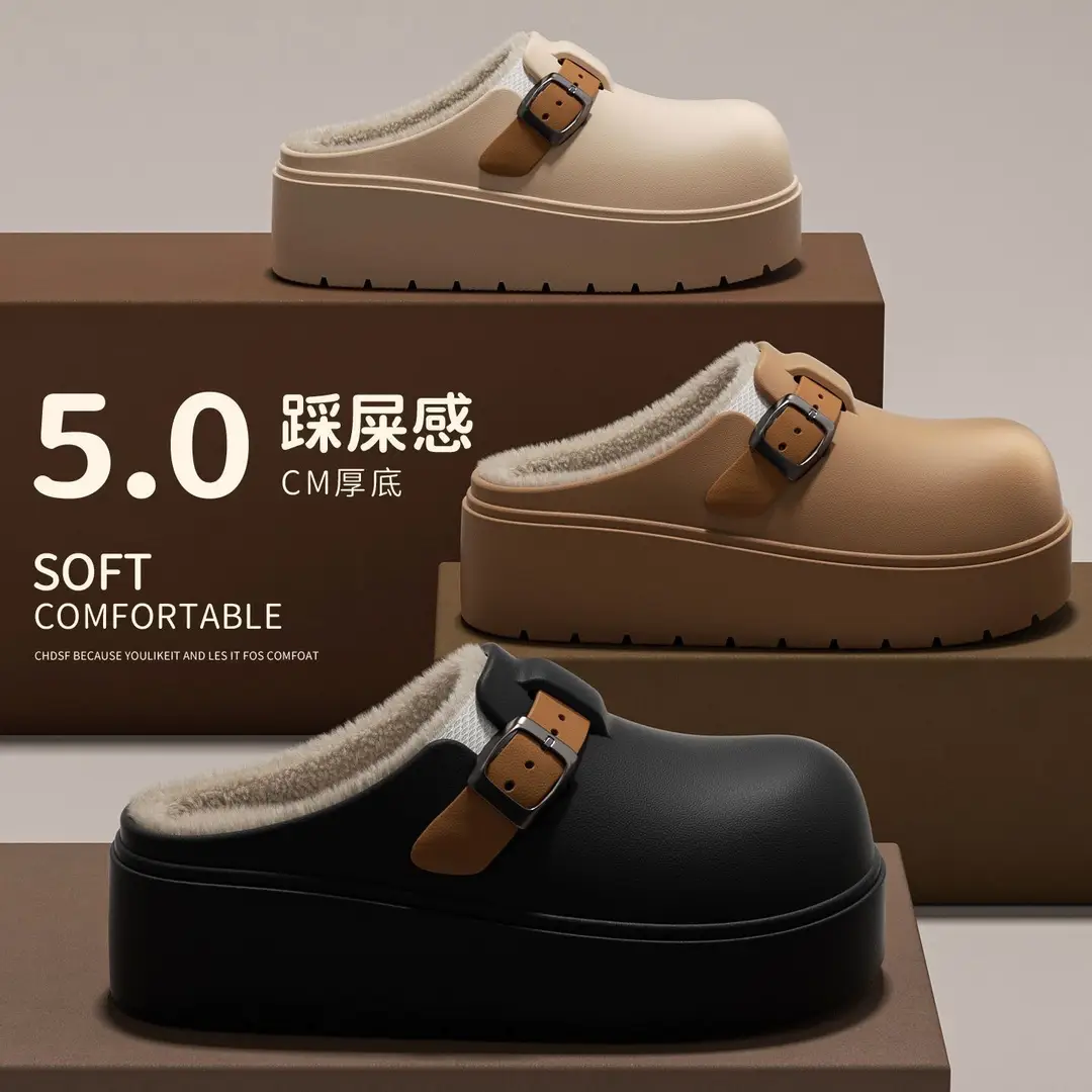Thick-Soled Birkenstock Outer Cotton Slippers for Women in Autumn and Winter Indoor Home Warm Baotou Cotton Slippers Increased Non-Slip Waterproof Slippers - Image 6