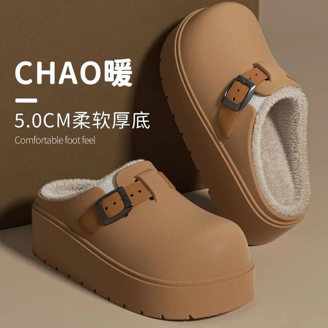 Thick-Soled Birkenstock Outer Cotton Slippers for Women in Autumn and Winter Indoor Home Warm Baotou Cotton Slippers Increased Non-Slip Waterproof Slippers - Image 7