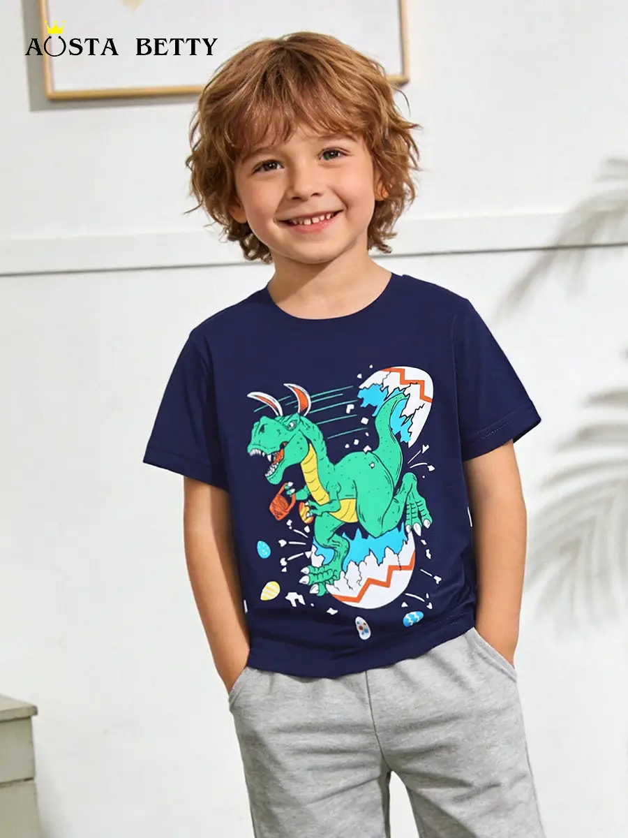 Dinosaur Cartoon Kids T-Shirt Navy Blue Short Sleeve