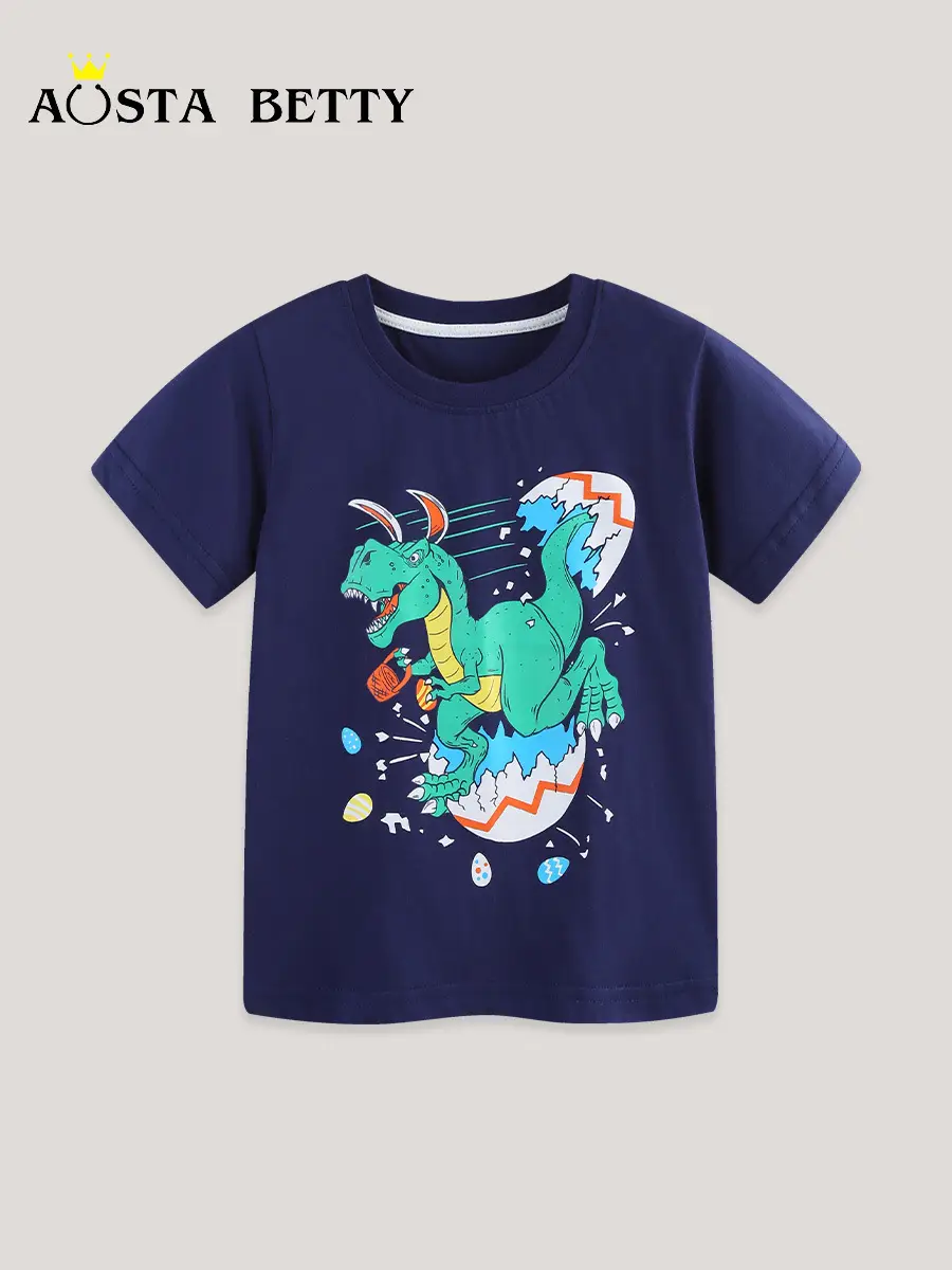 Dinosaur Cartoon Kids T-Shirt Navy Blue Short Sleeve