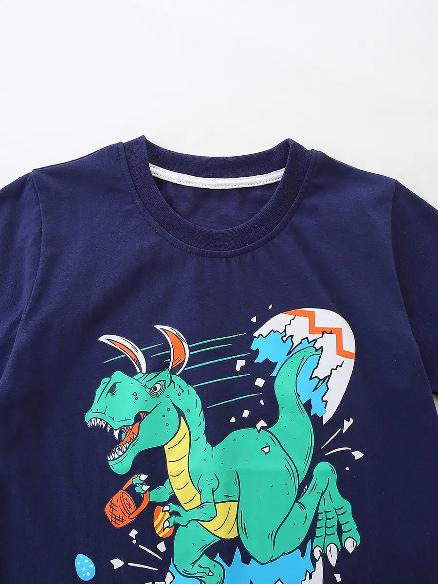 Dinosaur Cartoon Kids T-Shirt Navy Blue Short Sleeve