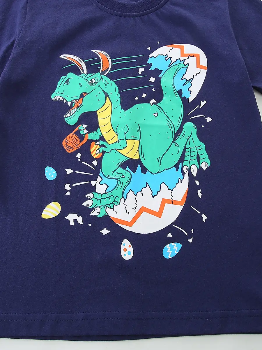 Dinosaur Cartoon Kids T-Shirt Navy Blue Short Sleeve