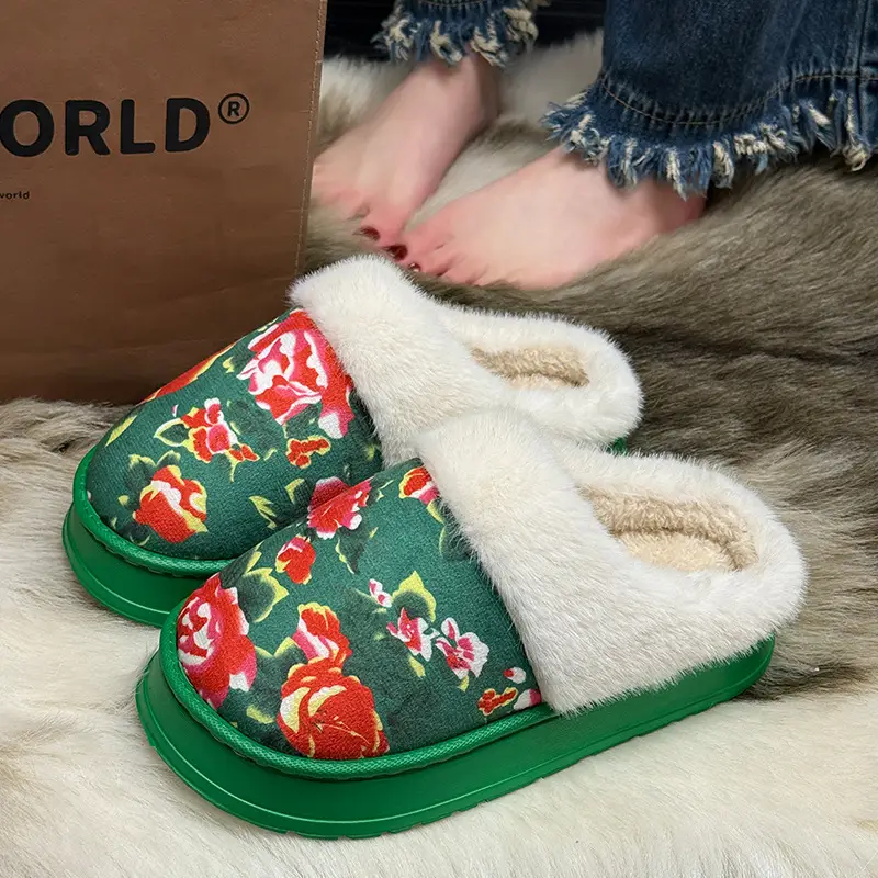 Northeastern Large Floral Cotton Slippers for Women, 2025 Autumn and Winter New Style, Fleece-Lined, Warm, Thick-Soled, Non-Slip Cotton Slippers - Image 3