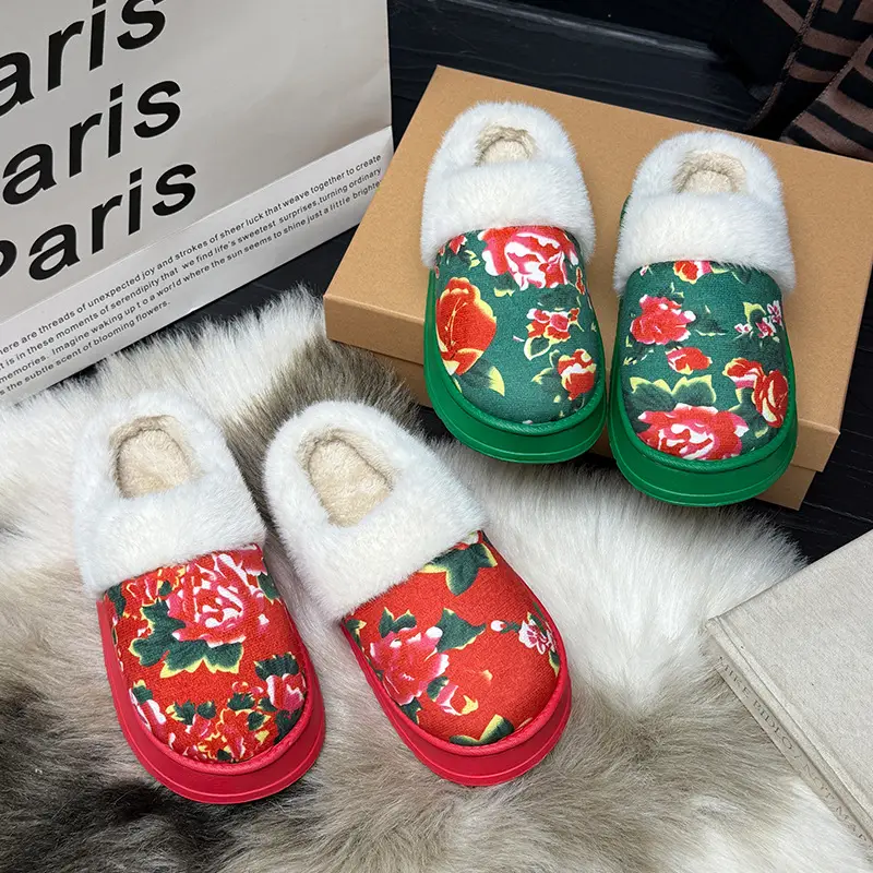Northeastern Large Floral Cotton Slippers for Women, 2025 Autumn and Winter New Style, Fleece-Lined, Warm, Thick-Soled, Non-Slip Cotton Slippers - Image 6