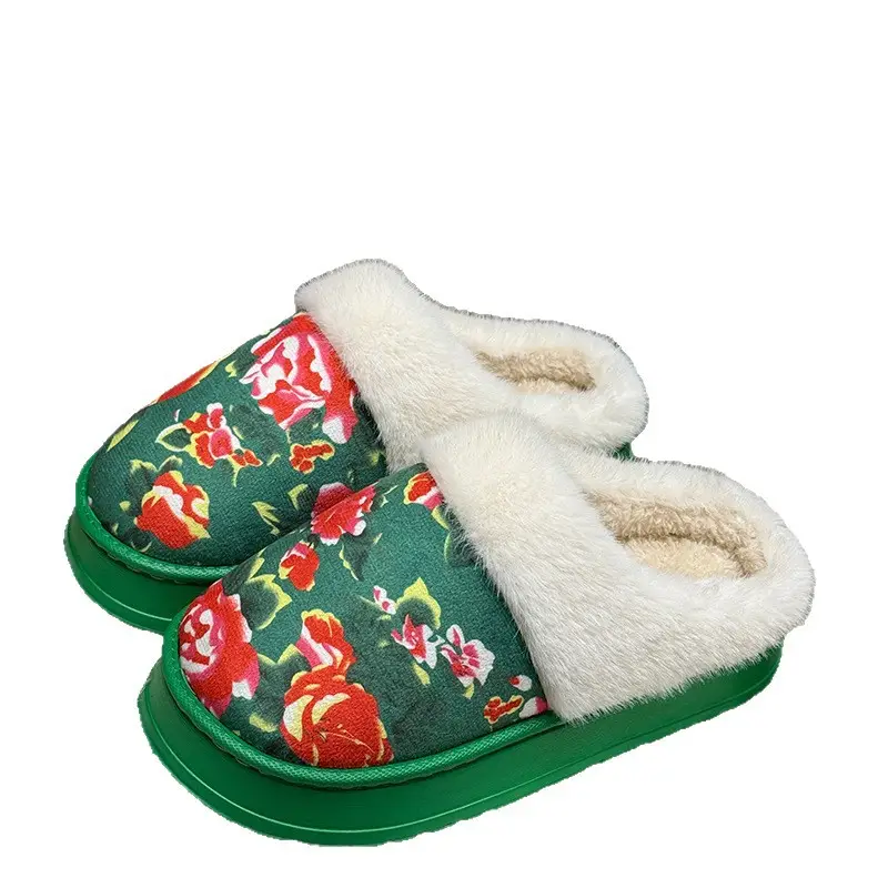 Northeastern Large Floral Cotton Slippers for Women, 2025 Autumn and Winter New Style, Fleece-Lined, Warm, Thick-Soled, Non-Slip Cotton Slippers - Image 7