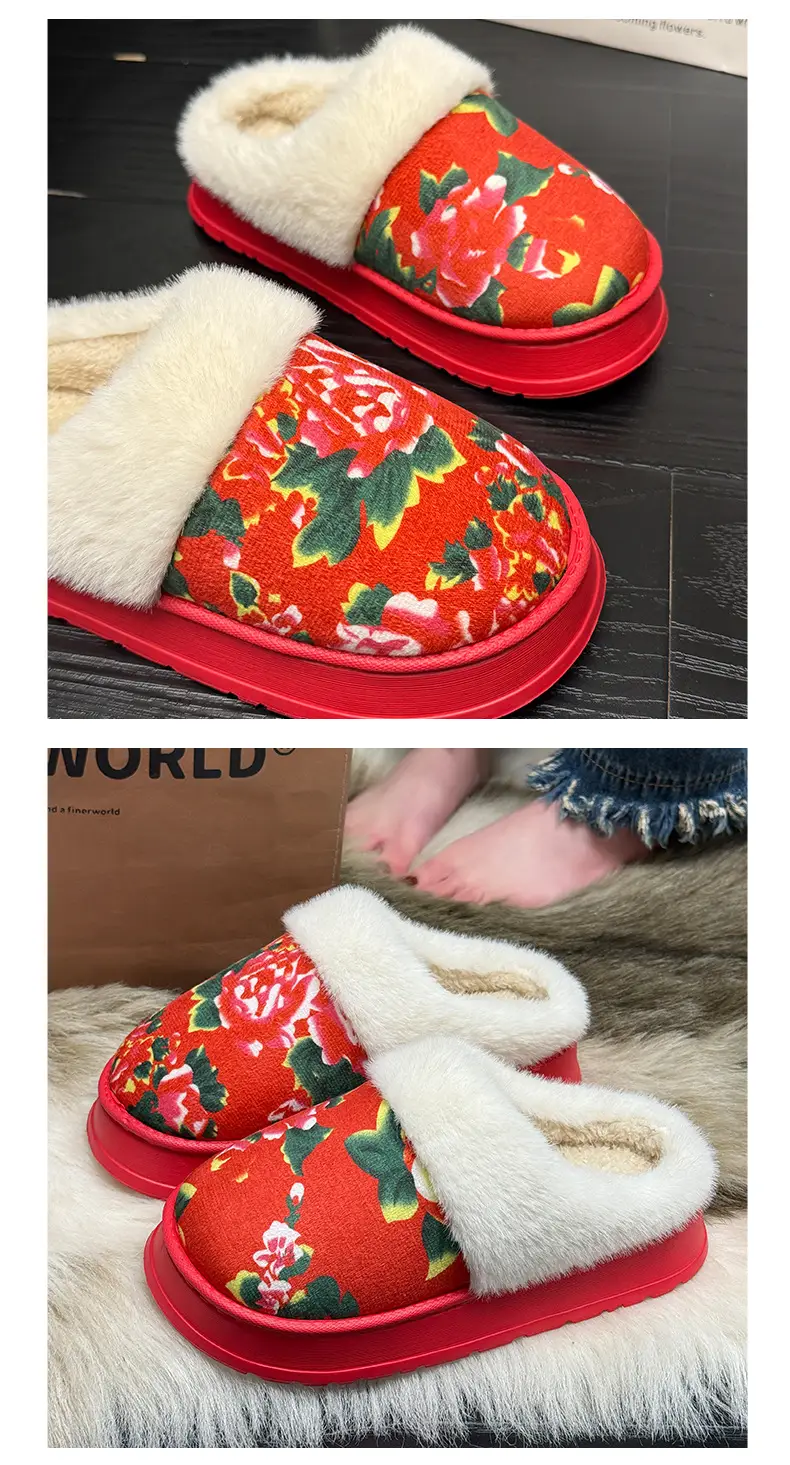 Northeastern Large Floral Cotton Slippers for Women, 2025 Autumn and Winter New Style, Fleece-Lined, Warm, Thick-Soled, Non-Slip Cotton Slippers — feature 10