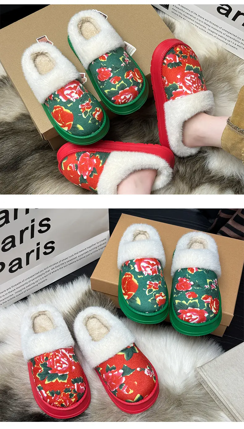 Northeastern Large Floral Cotton Slippers for Women, 2025 Autumn and Winter New Style, Fleece-Lined, Warm, Thick-Soled, Non-Slip Cotton Slippers — feature 9