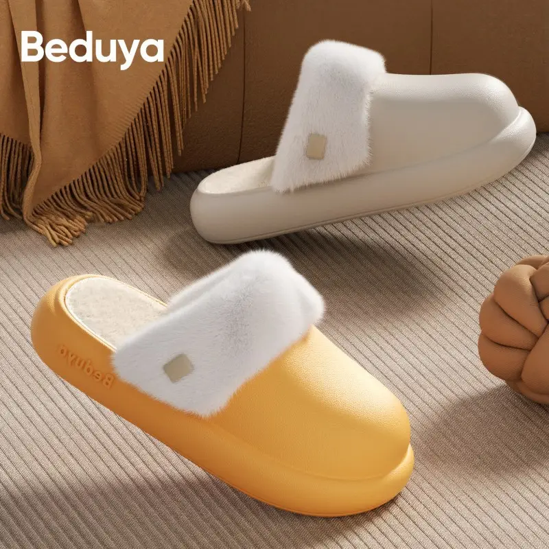 Waterproof Cotton Slippers for Women, Made of Eva Eco-Friendly Material, Simple Style, Winter Plush-Lined for Warmth, Anti-Odor Cotton Slippers for Men, Home Use, Free Shipping