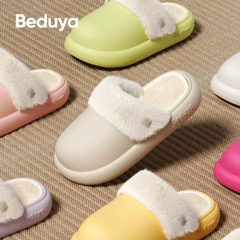 Waterproof Cotton Slippers for Women, Made of Eva Eco-Friendly Material, Simple Style, Winter Plush-Lined for Warmth, Anti-Odor Cotton Slippers for Men, Home Use, Free Shipping