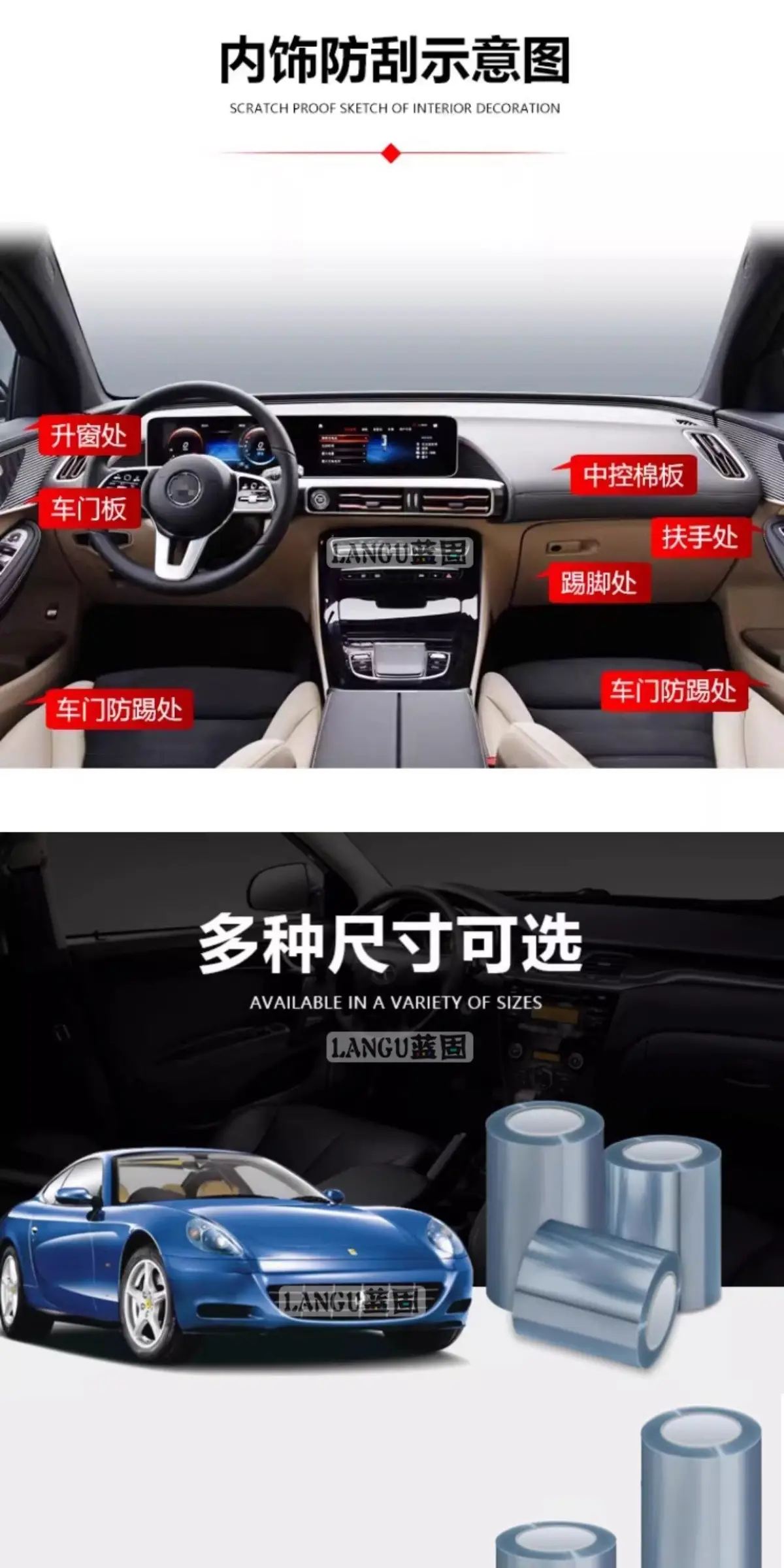 Car Protective Film, Invisible Car Clothing Film, Threshold Door Panel, Door Edge, Door Bowl, Body Interior, Central Control Rhino Leather Transparent Film — feature 5
