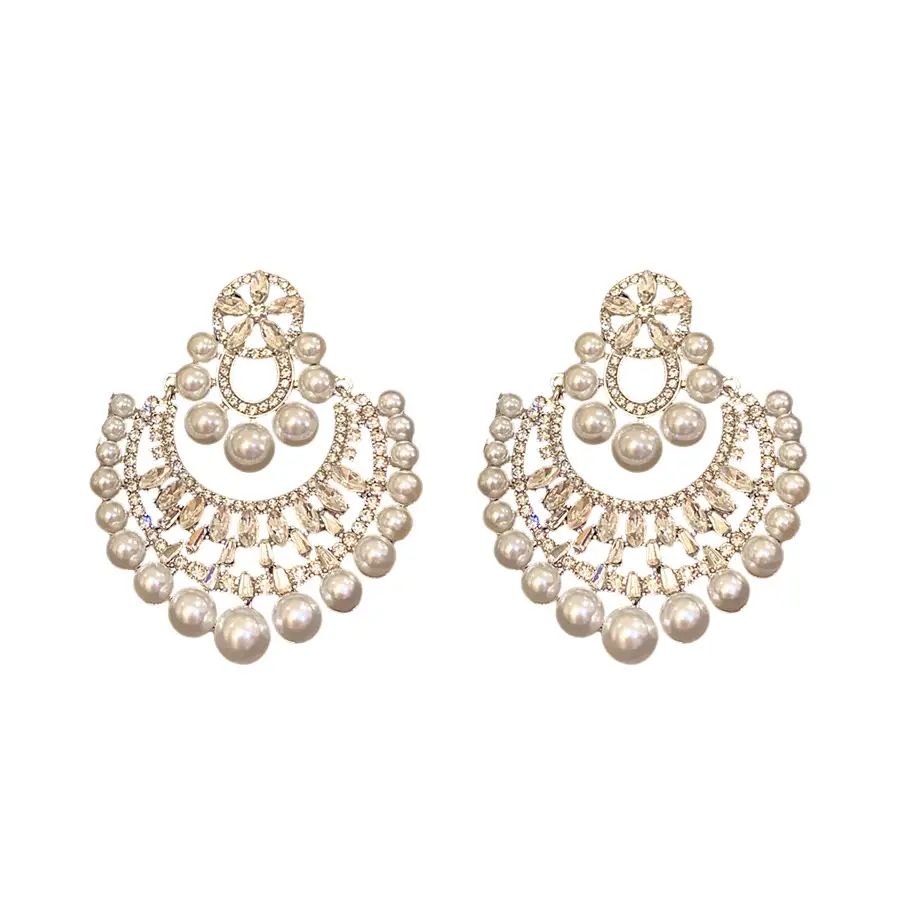 Silver Needle Inlaid with Diamonds and Pearl Flower Pendant Earrings, European and American Retro New Fashion Earrings, Light Luxury and High-End Earrings for Women