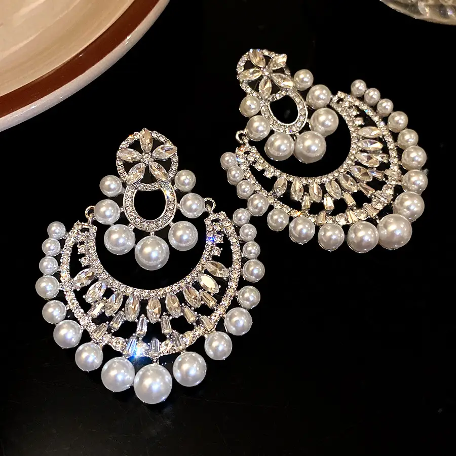 Silver Needle Inlaid with Diamonds and Pearl Flower Pendant Earrings, European and American Retro New Fashion Earrings, Light Luxury and High-End Earrings for Women — feature 11