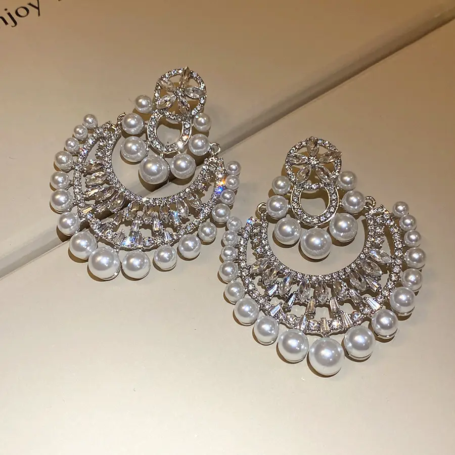 Silver Needle Inlaid with Diamonds and Pearl Flower Pendant Earrings, European and American Retro New Fashion Earrings, Light Luxury and High-End Earrings for Women — feature 9
