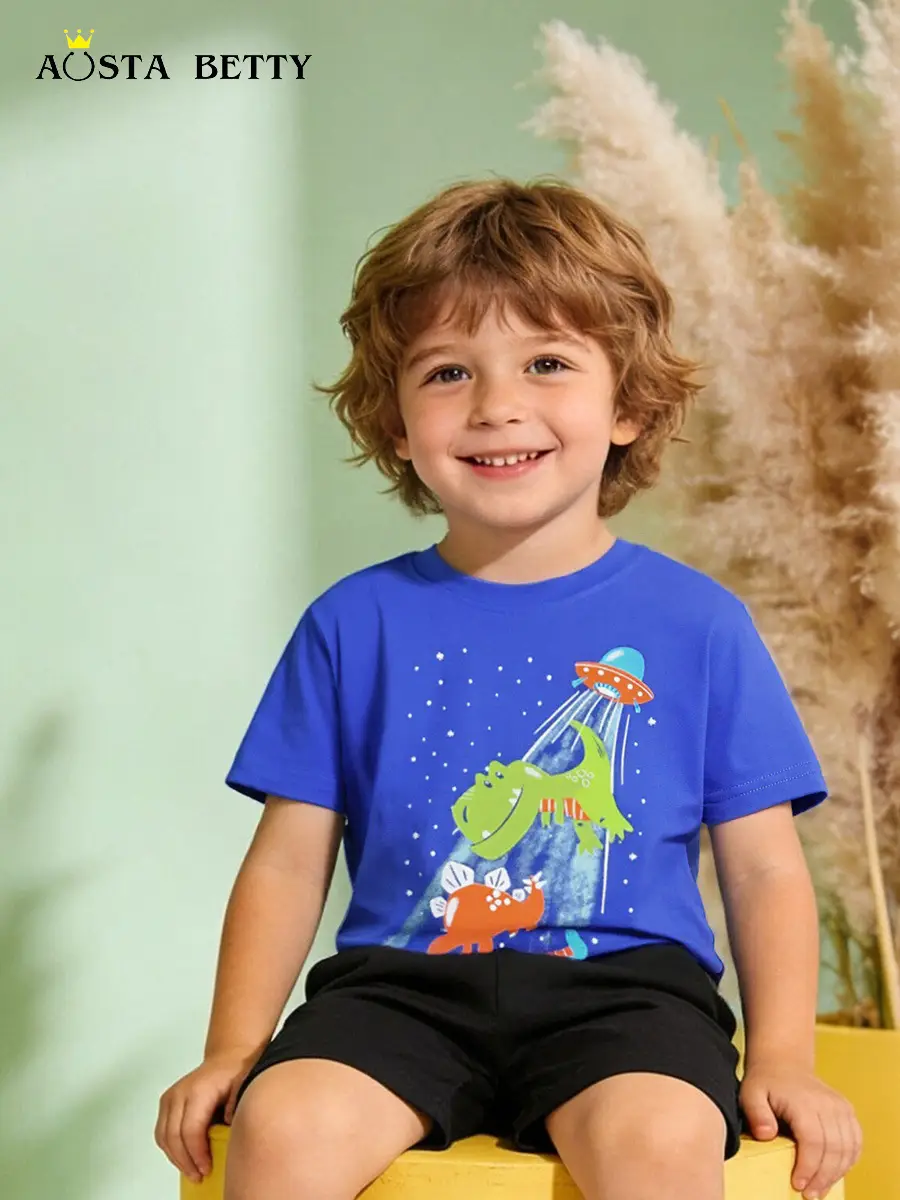 Blue Dinosaur Print Kids T-Shirt Short Sleeve - Image 2