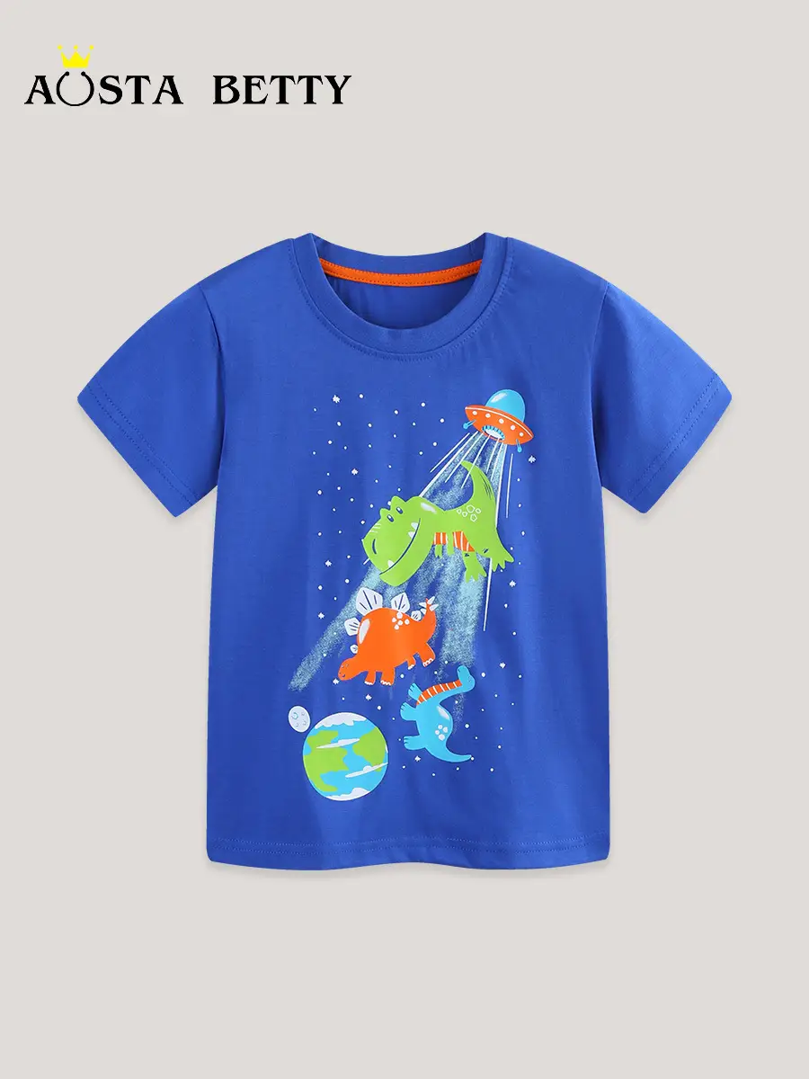 Blue Dinosaur Print Kids T-Shirt Short Sleeve - Image 3