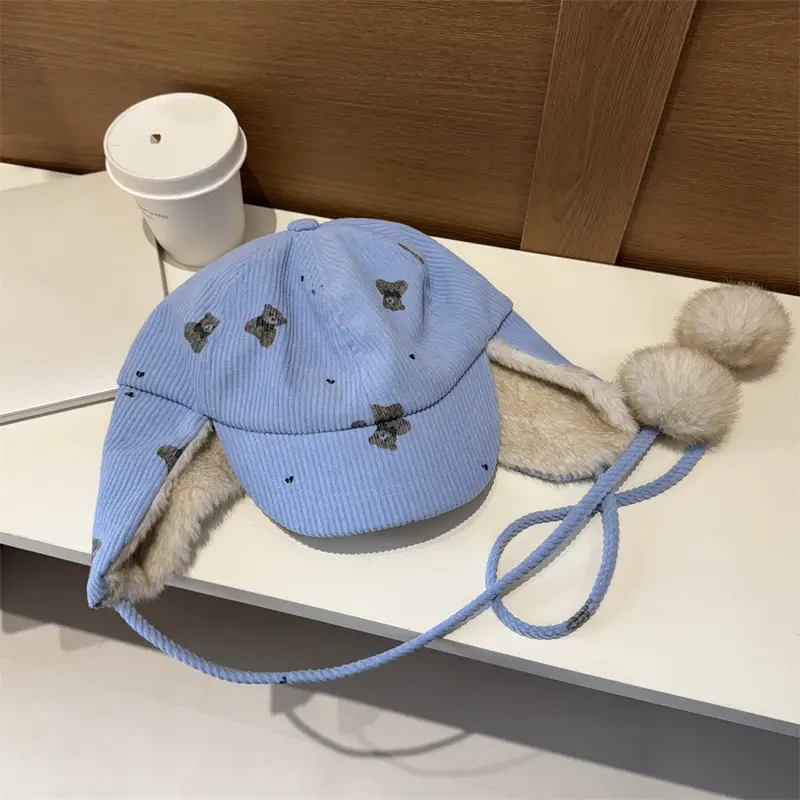 Winter Bear Print Plush Cap for Women Face-Slimming Duckbill Cap