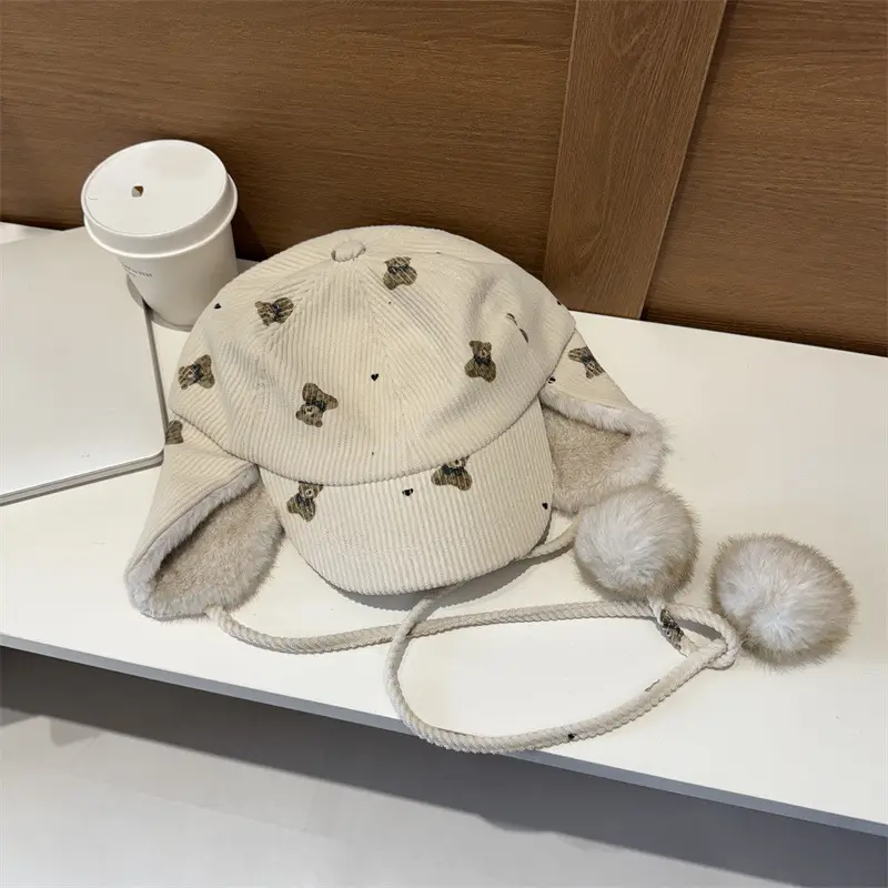 Winter Bear Print Plush Cap for Women Face-Slimming Duckbill Cap